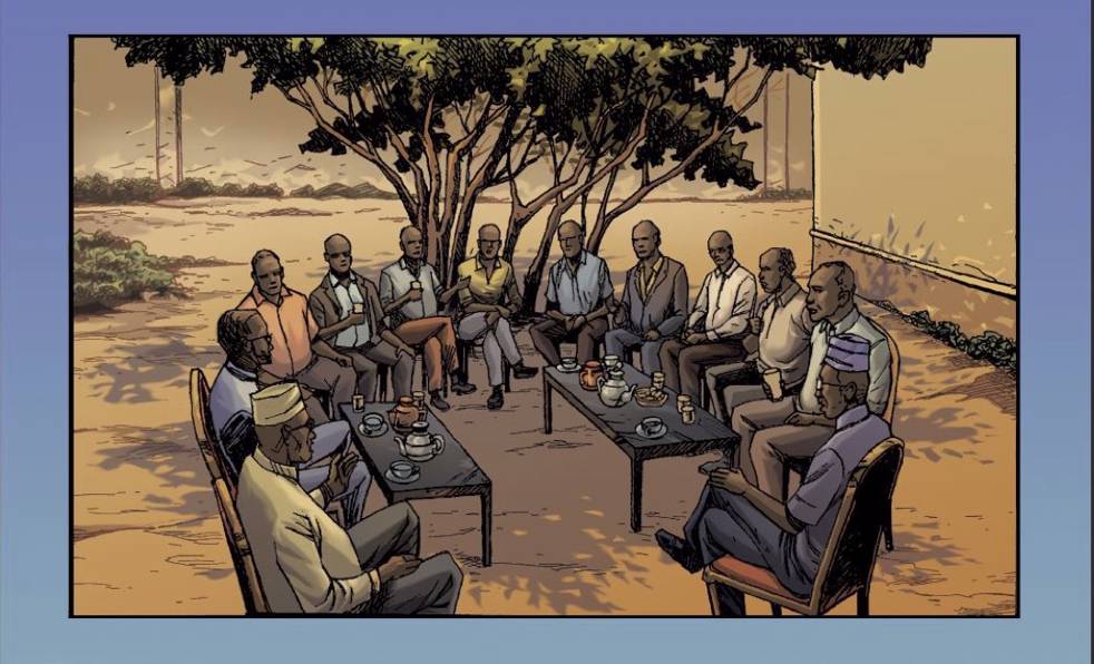 The Uffo group gathering in Hargesia, Somaliland (then Somalia) 1981. Photo: Produced by PositiveNegatives. Illustration Pat Masioni